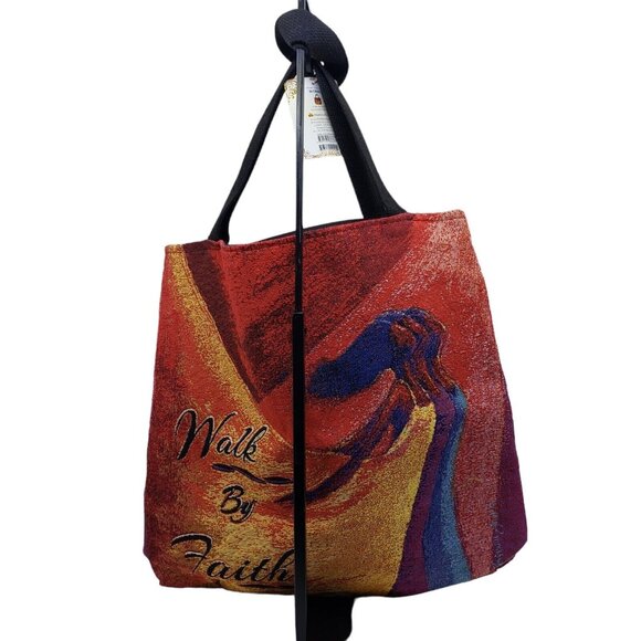 Walk By Faith Woven Tote Hand Bag Multicolored Zip Closure Red Orange 16 in NWT - Picture 3 of 10
